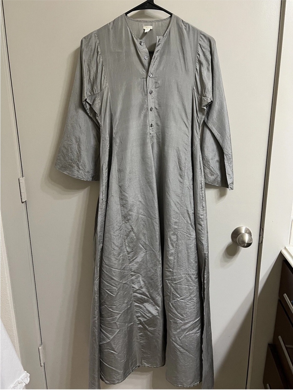 Relaxed Silver Maxi Dress with Button Placket